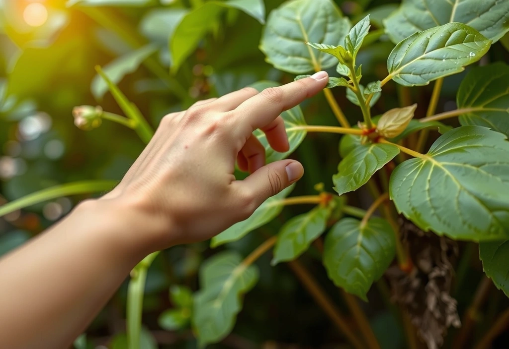 A hand reaching out to touch a vibrant, healthy plant, symbolizing connection with nature and the start of a journey towards natural well-being. Soft focus background of lush greenery, no text.