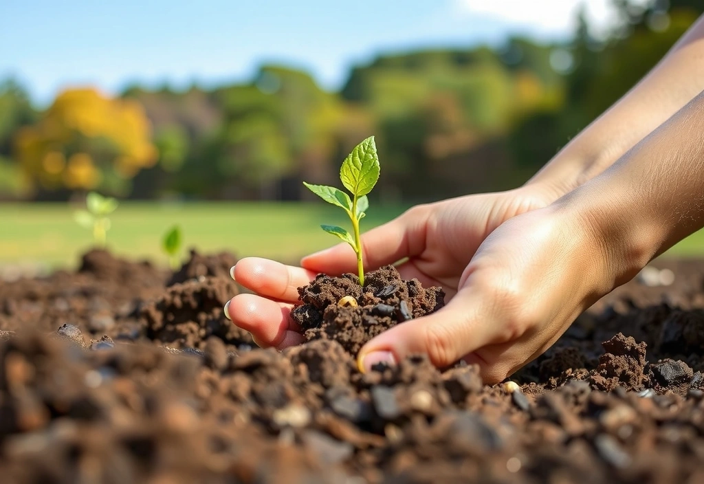 Hands gently cradling a small plant sprout emerging from fertile soil, set against a backdrop of a healthy, green forest and a clear blue sky, symbolizing environmental stewardship and growth. Soft, natural light, focus on the plant, no text.