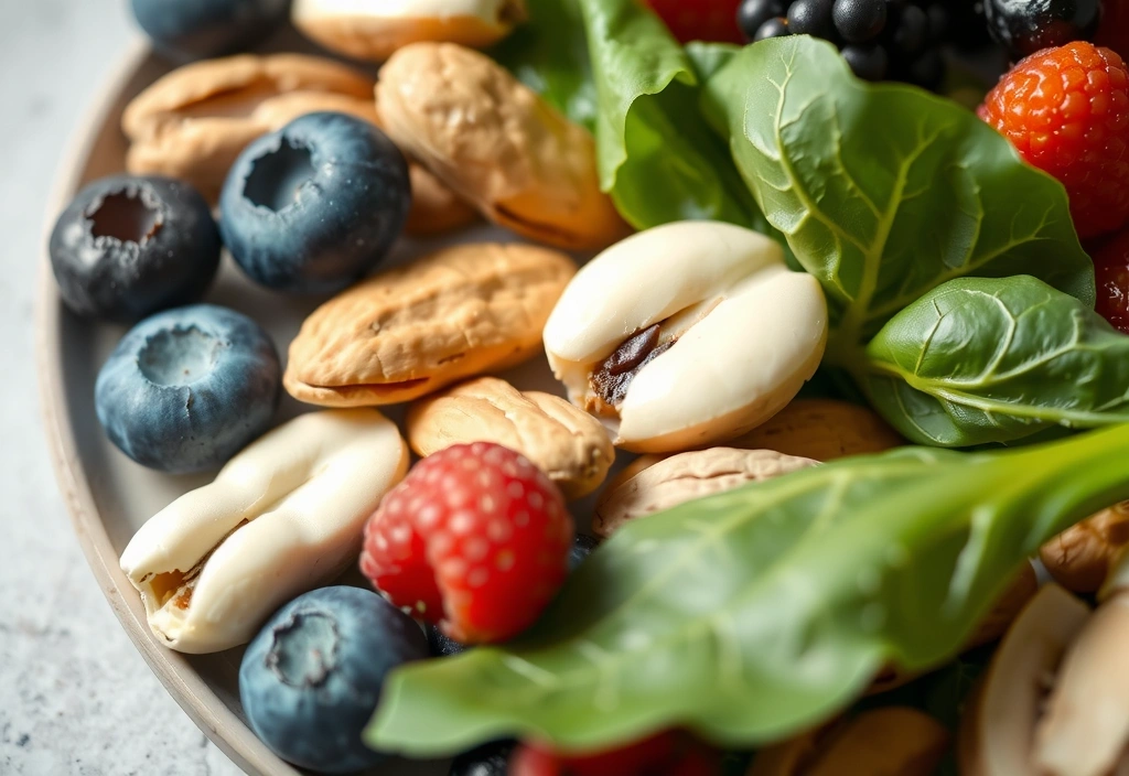 A close-up of various nutritious superfoods like berries, nuts, and leafy greens, artfully arranged, symbolizing optimal nutrition.