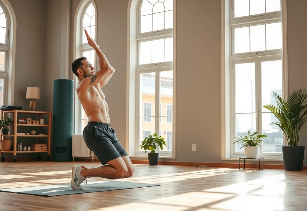 A man engaging in light exercise, like yoga or stretching, in a bright, modern gym or studio setting, symbolizing men's health.