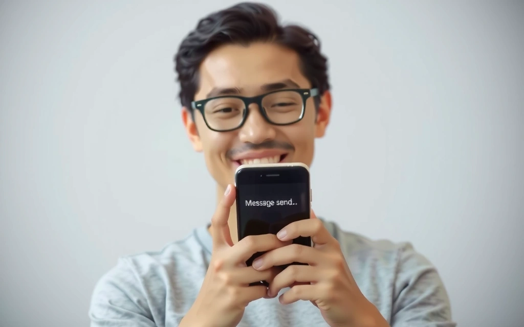 A cheerful person receiving a confirmation message on a smartphone, surrounded by sparkling effects, symbolizing successful communication.