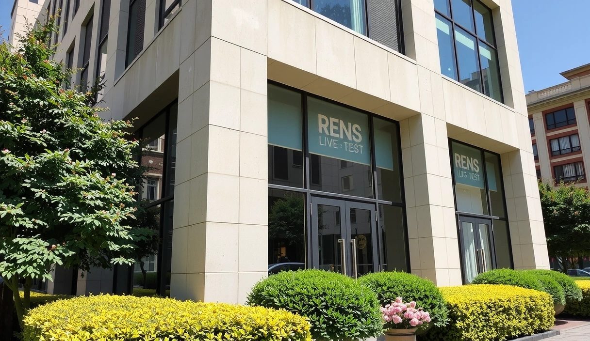 A modern, chic building with large windows and lush greenery, symbolizing the Premium Natural Care headquarters in a vibrant city.