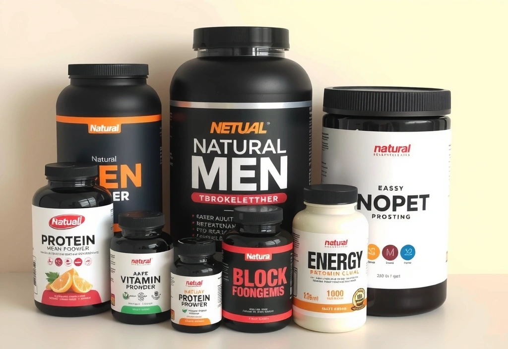 Collection of natural men's supplements in stylish, minimalist packaging