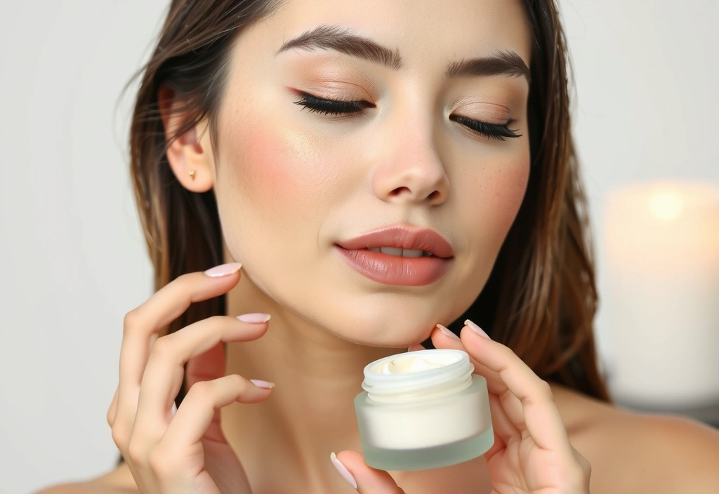 A woman gently applying a luxurious face cream to her radiant skin, symbolizing premium skincare for women.